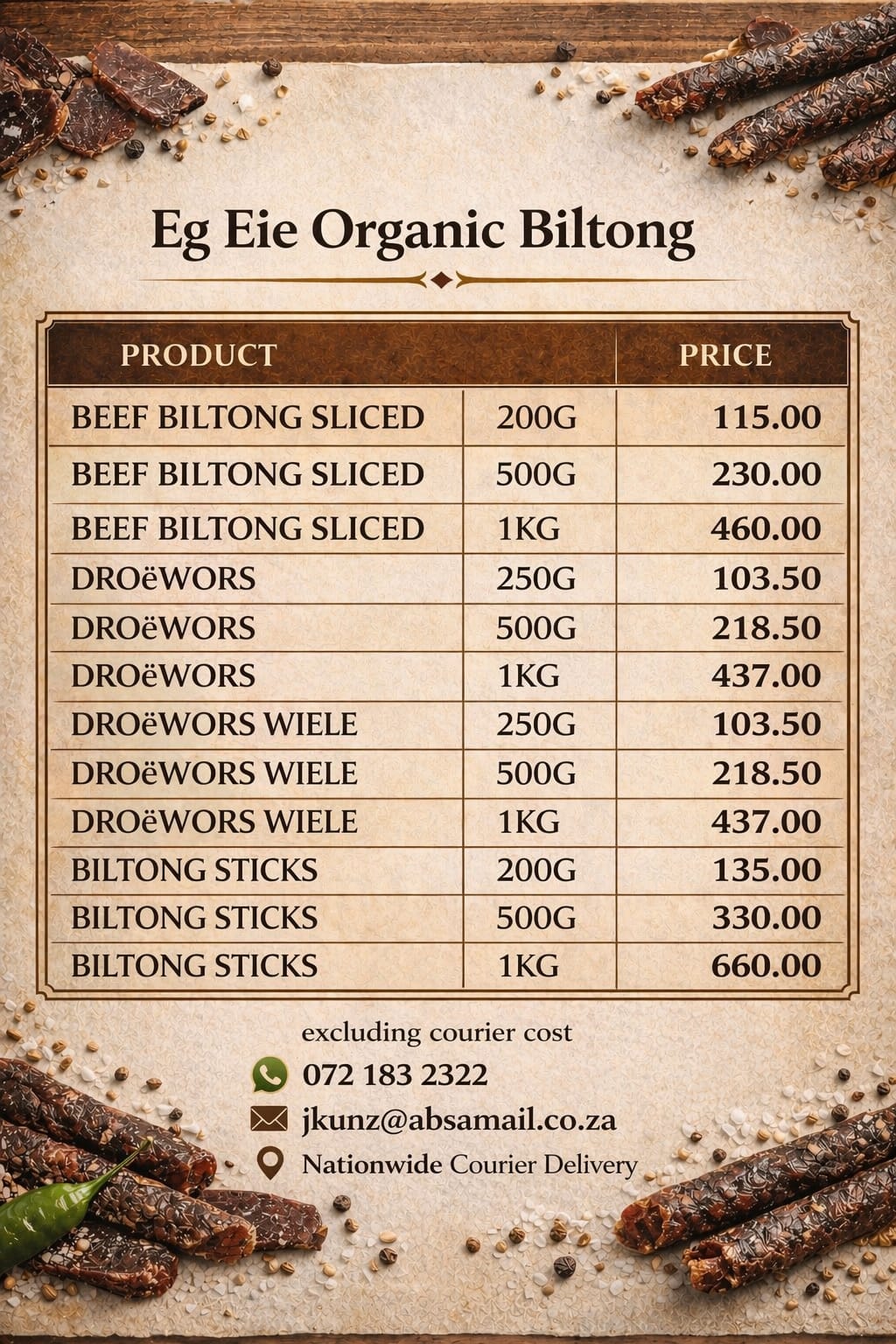 Eg-Eie Organic Biltong product pricing list